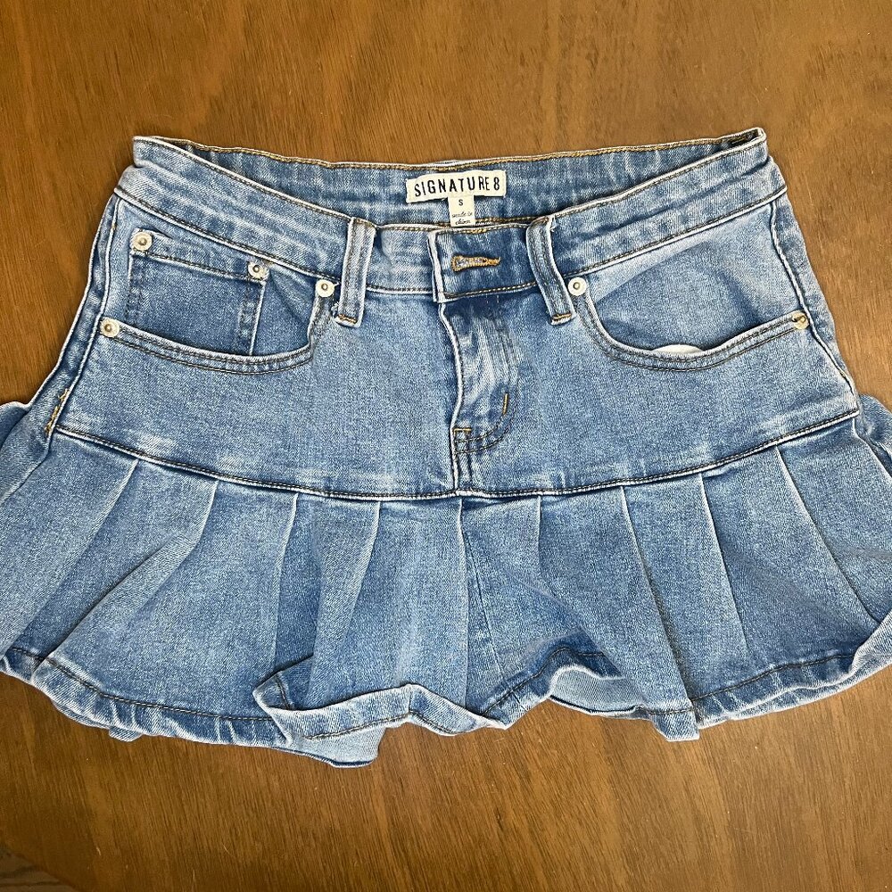Signature8 Denim Mini Pleated Skirt, Size Small
